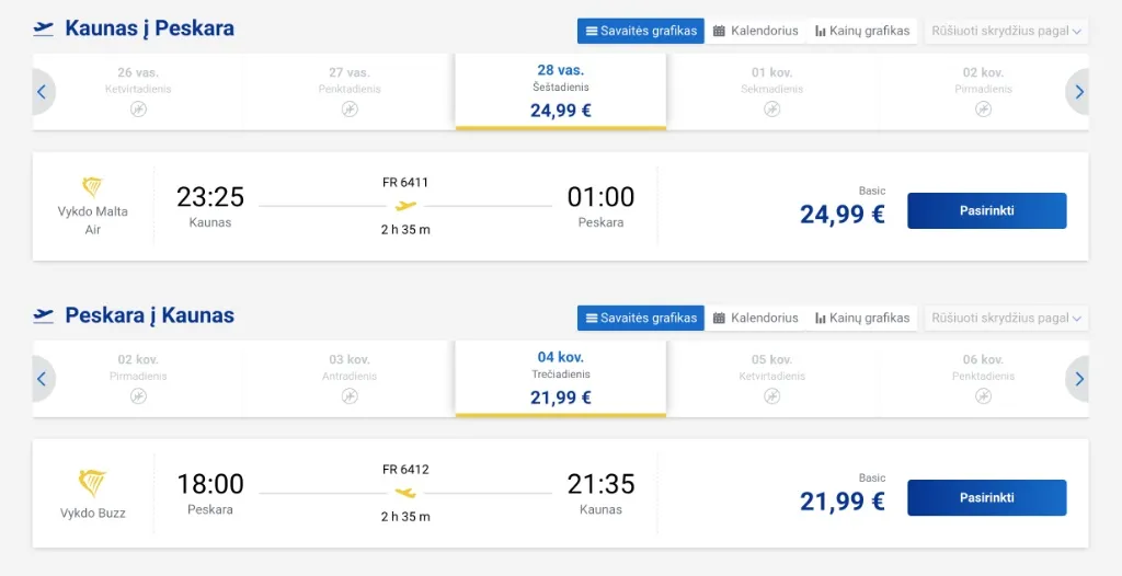 Skrydžio Kaunas-Peskara tvarkaraštis ir kainos